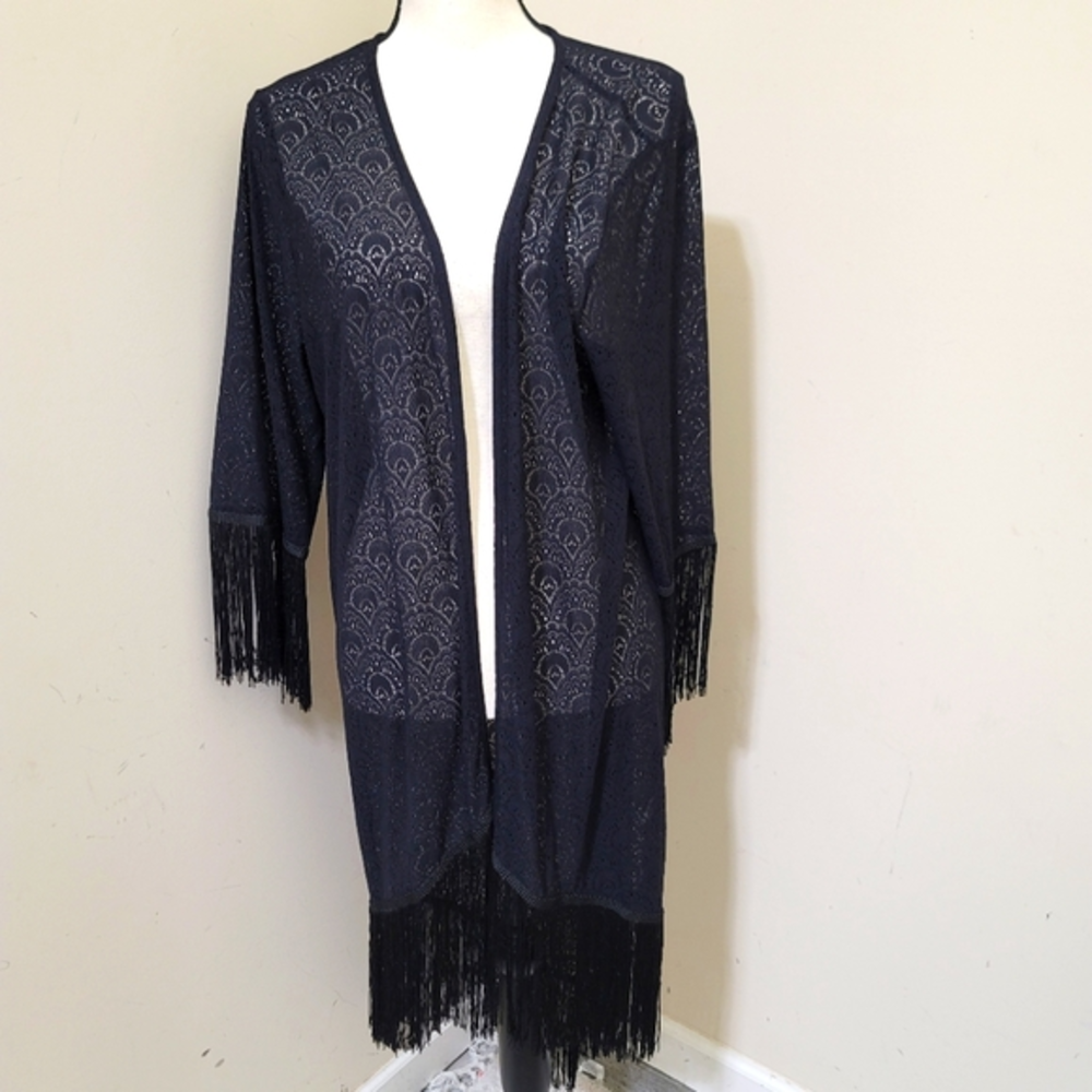 new BOSTON PROPER size Large Open Front Fringe Cardigan Jacket Black Layering